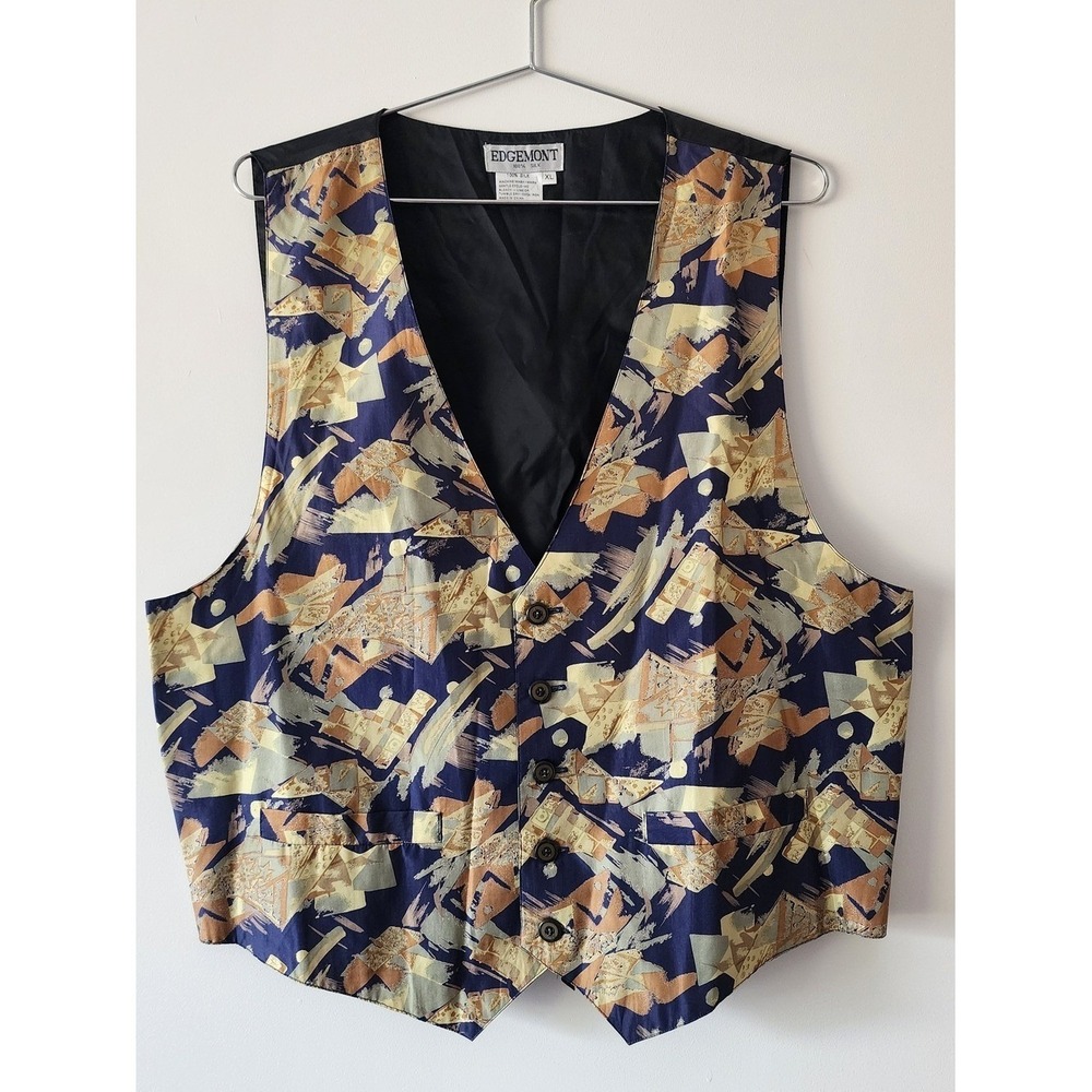 Edgemont Silk Vest Mens XL Navy Geometric Abstract Print Vintage Dapper Retro